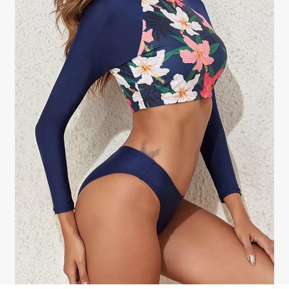 Long Sleeve Navy and Floral Tankini Set UPF 50+ Rash Guard Swimsuit